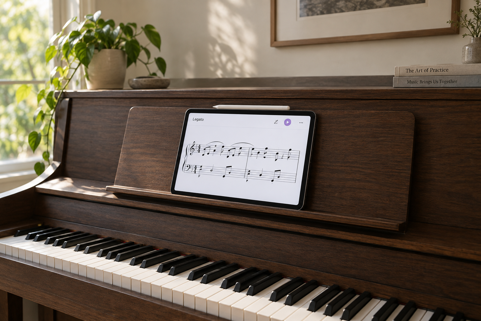 Product concept showing Legato sheet music on an iPad resting on a piano music stand, with Apple Pencil attached
